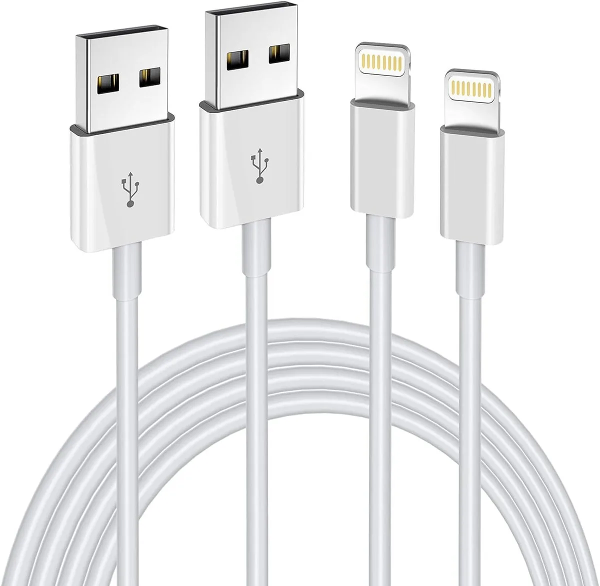 Two white Lightning to USB cables coiled together