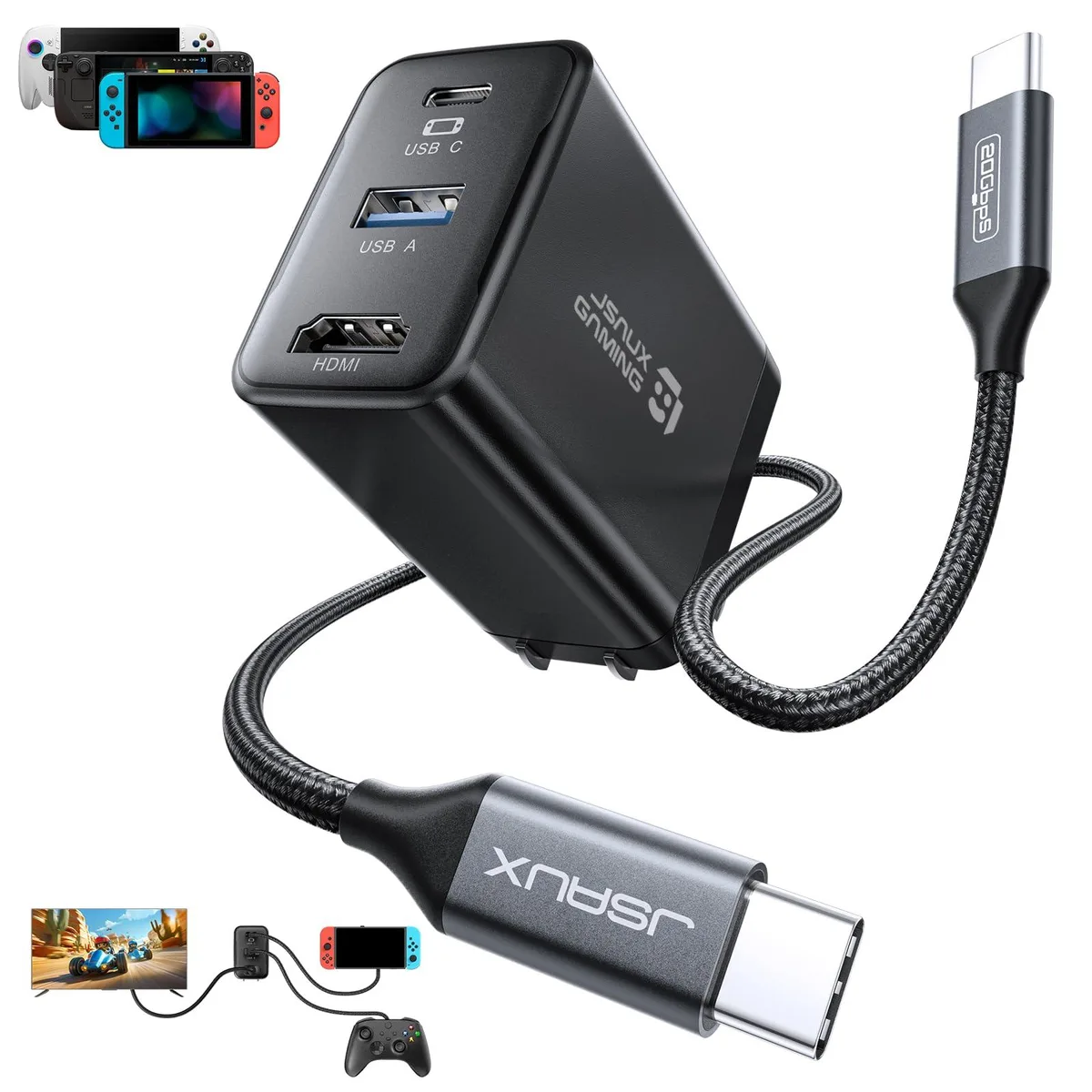 Compact black dock with HDMI, USB-A and USB-C ports