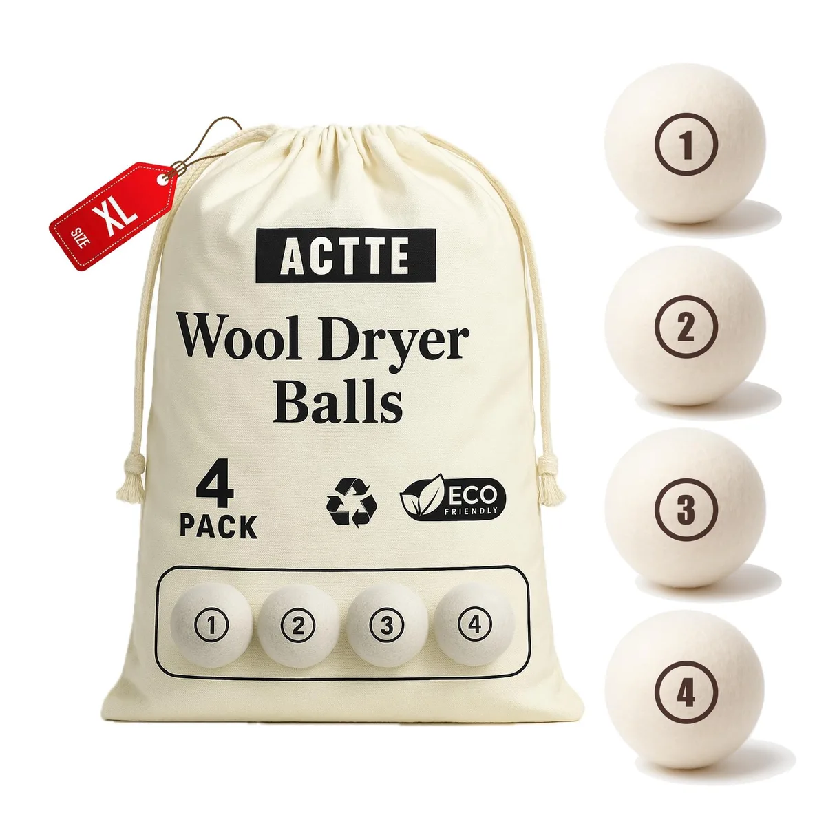 ACTTE Wool Dryer Balls XL 2.7" 4 Pack Ivory — product photo