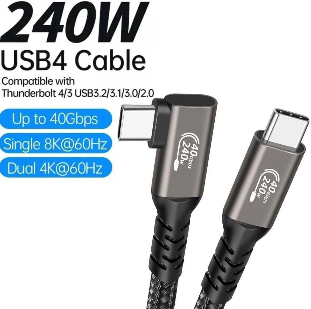 Nylon-braided USB-C cable with right-angle connectors, five-foot length
