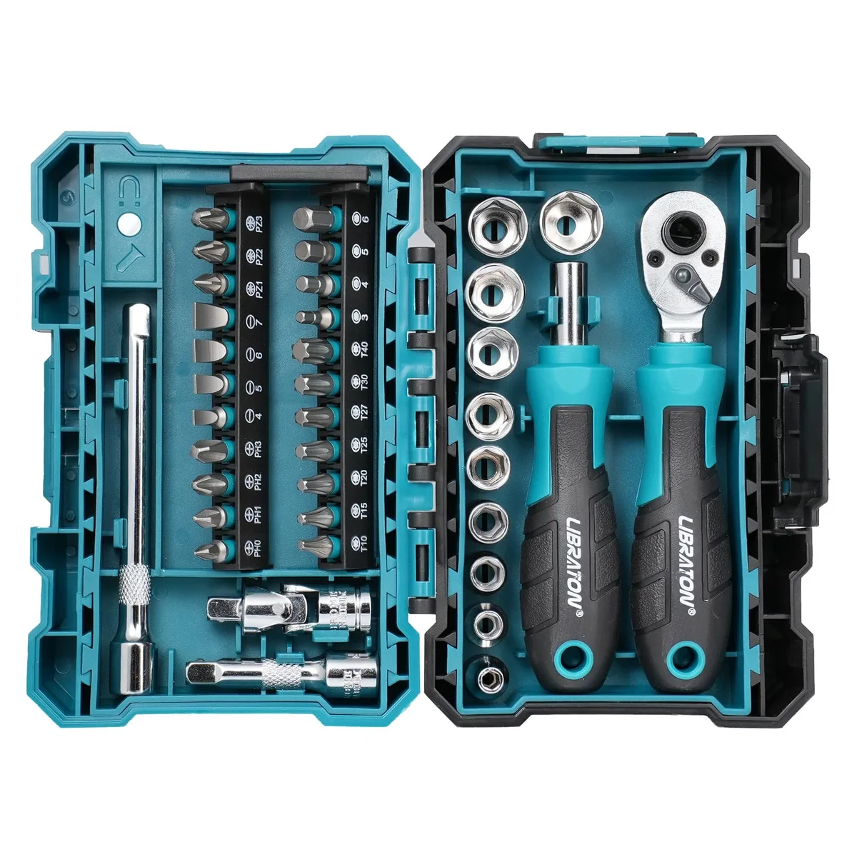 Compact 37-piece 1/4 inch drive socket set with ratchet, bits, extensions and case