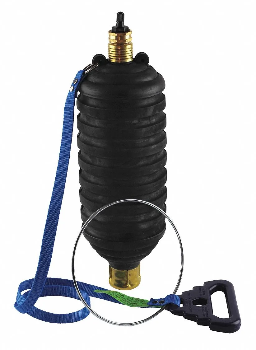 Black rubber pneumatic test plug, cylindrical with tapered ends, smooth surface, metal air valve on one end, tether strap attached