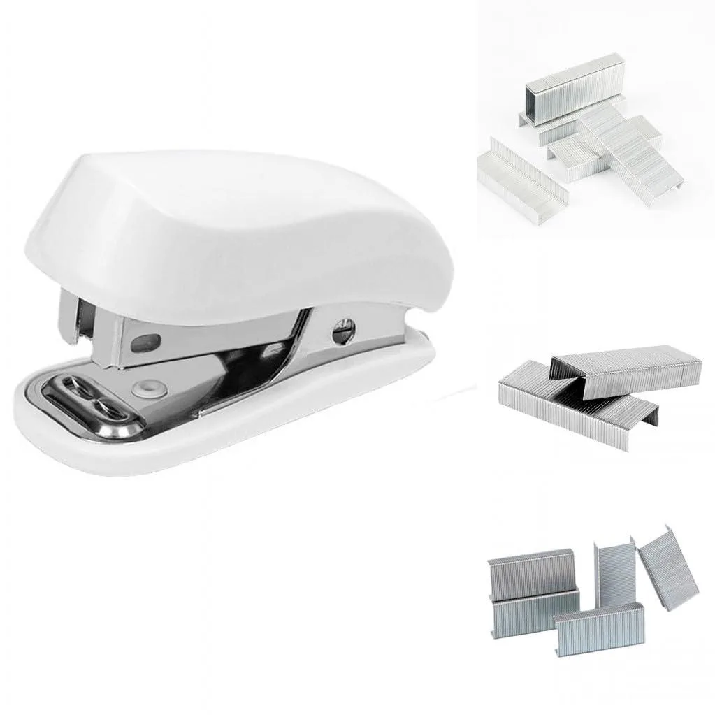 White plastic mini stapler, palm-sized, 20-sheet capacity