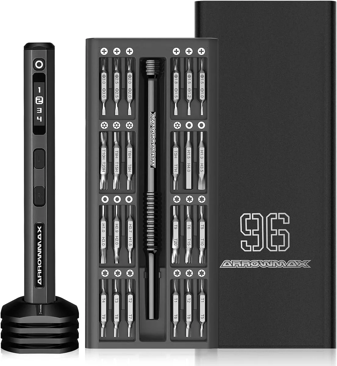 Black precision electric screwdriver with magnetic bit storage box and 96 bits