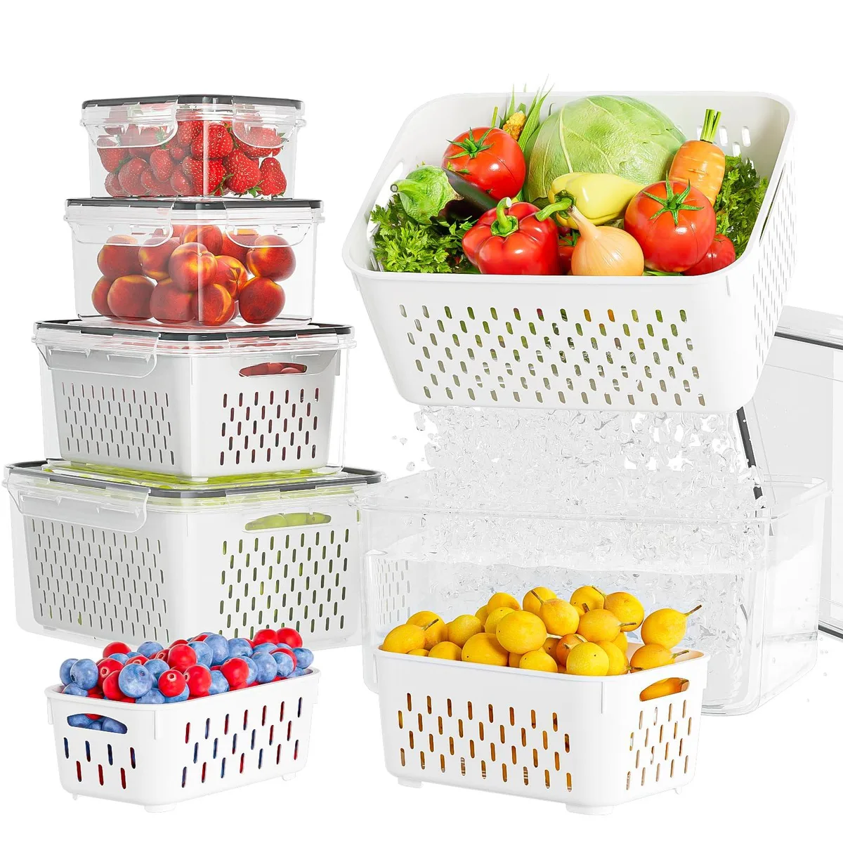 Five red plastic containers with white lids and colanders nested together