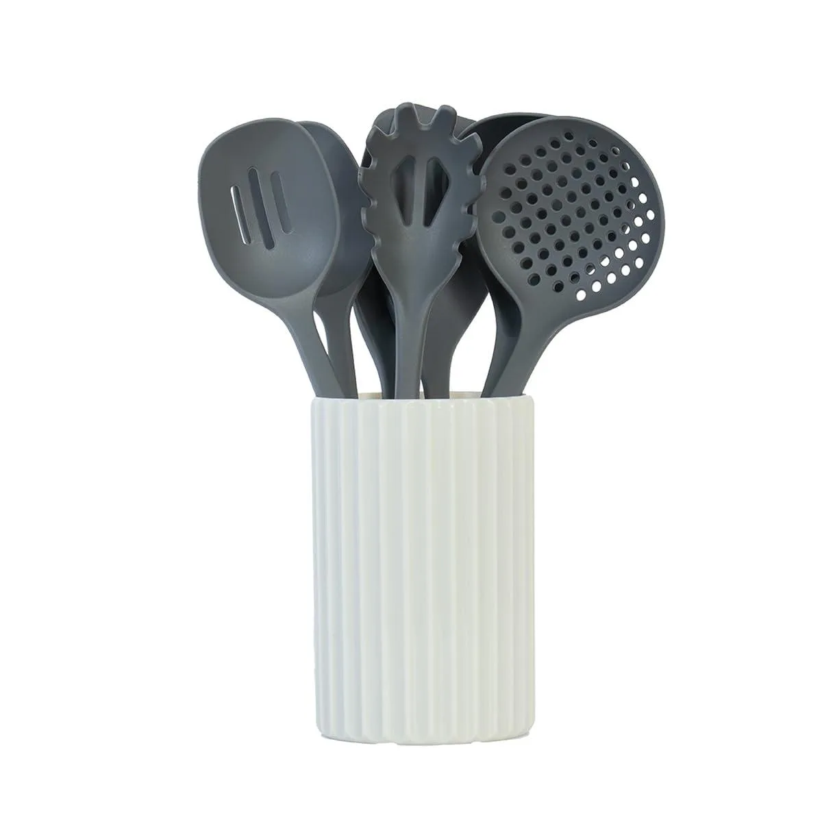 Grey nylon 8-piece cooking utensil set in ribbed holder