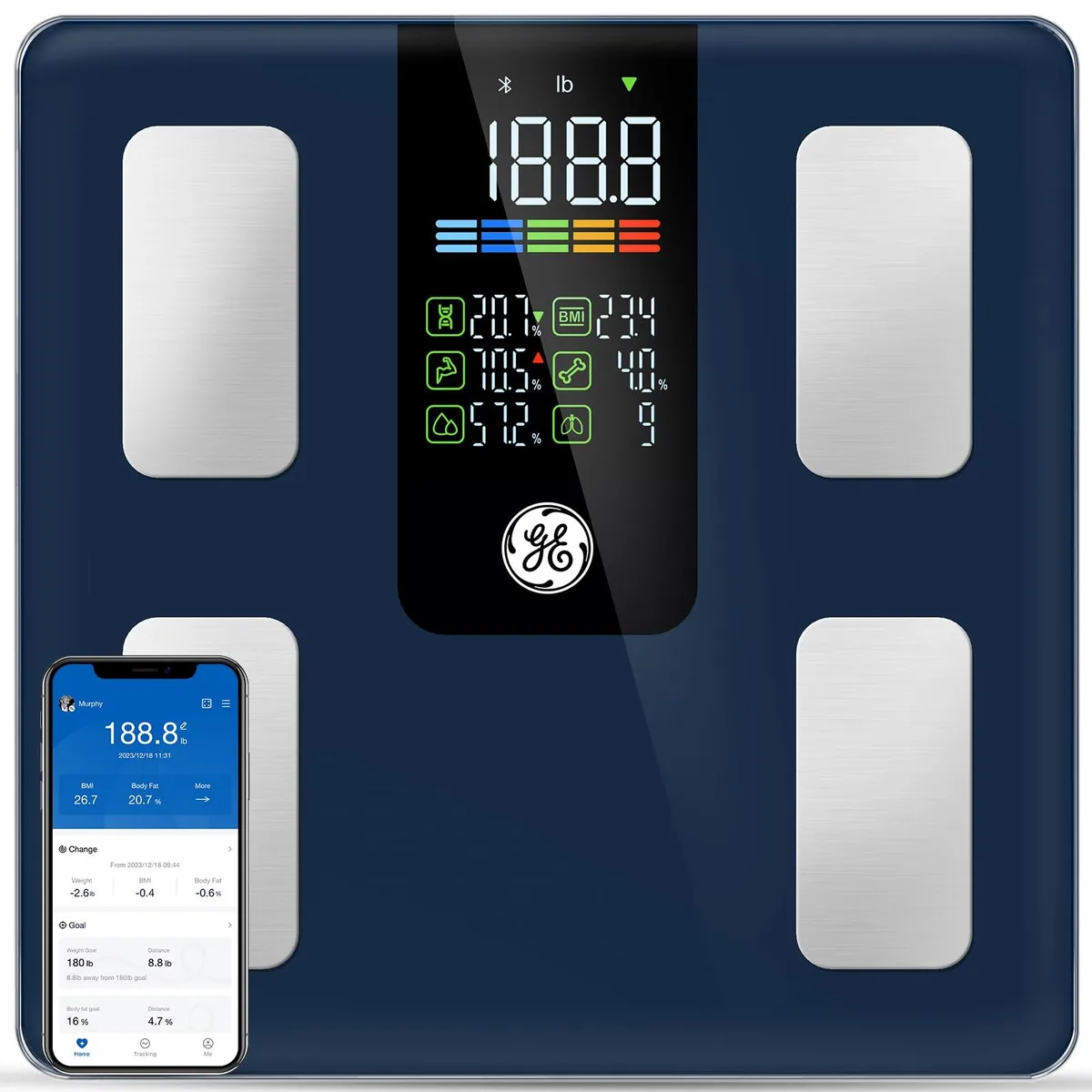 GE GE Fit Plus LN Bath Scale Dark Blue 500lb 14 Metrics — product photo
