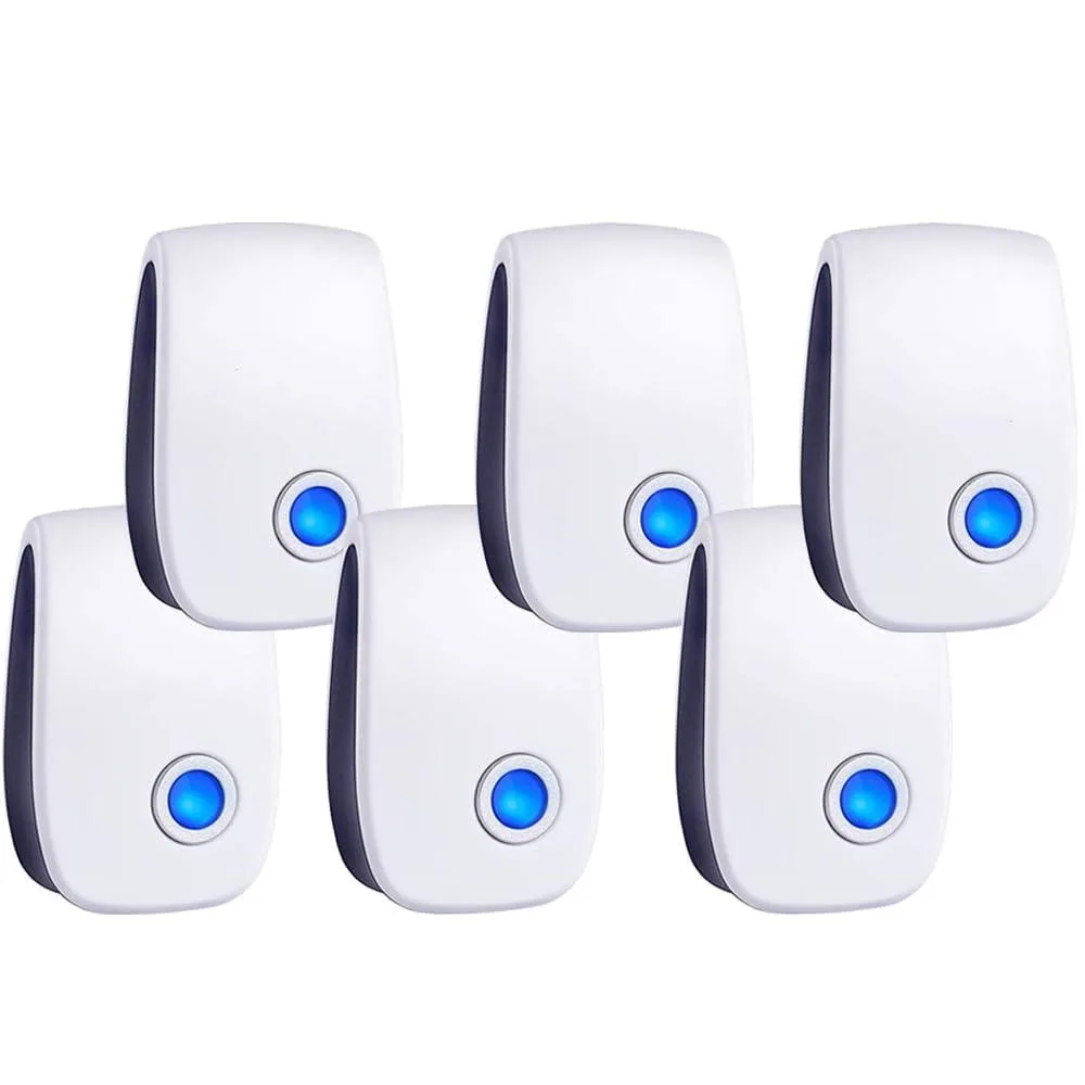 Six white cone-shaped ultrasonic pest repellers with plug-in prongs