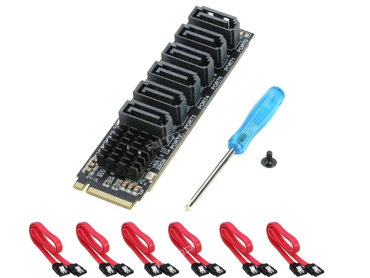 RIITOP RIITOP NVME M-Key to SATA 3.0 6-Port Adapter 2280 with 6 Cables — product photo