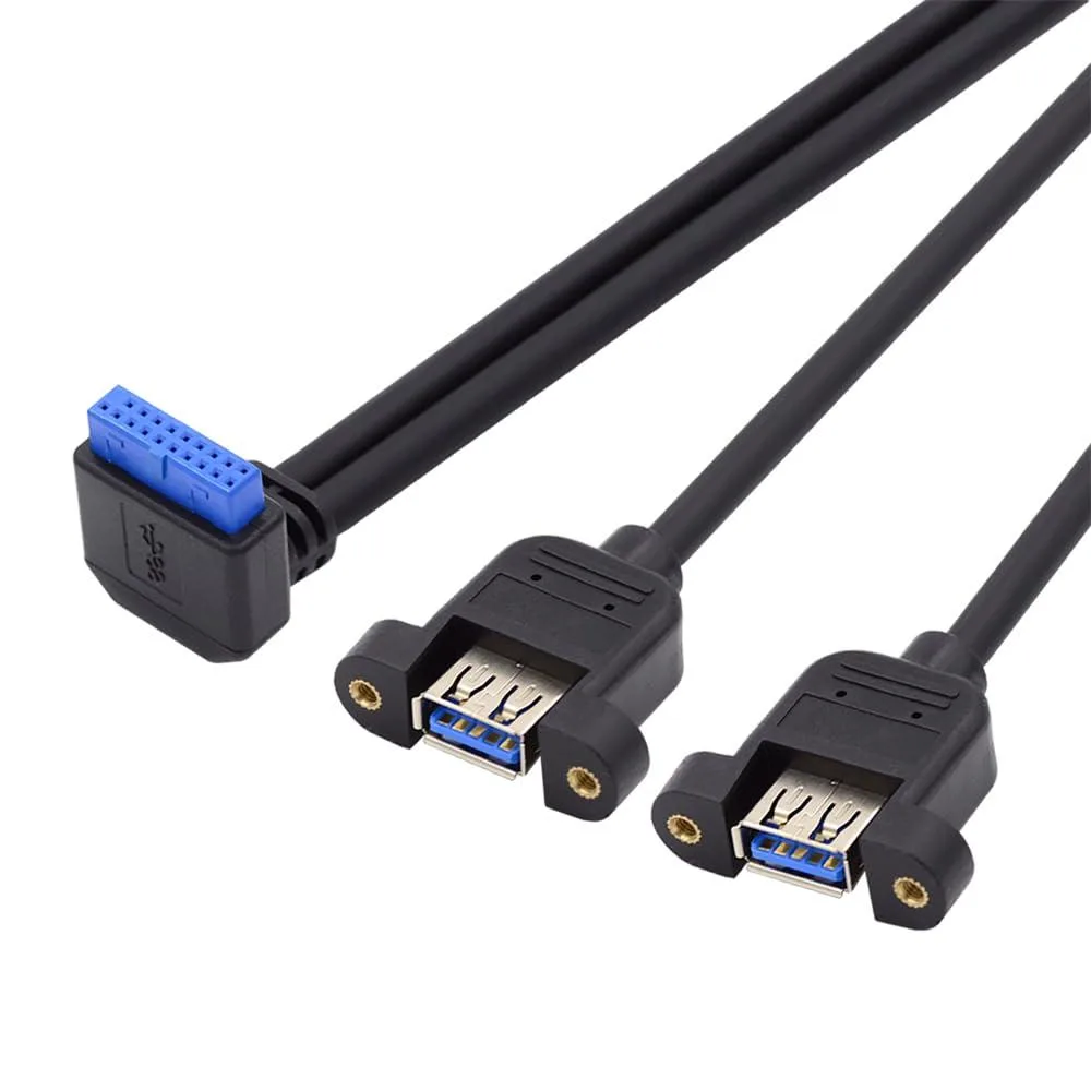 Fervit Fervit 19/20Pin Motherboard Header to USB 3.0 Dual Port Female Screw Mount 90 Degree Up Angled Cable 30cm — product photo