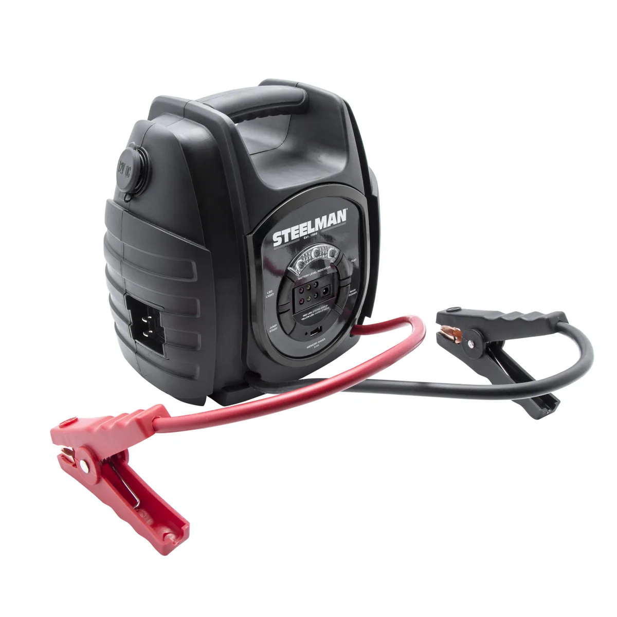 Black compact jump starter unit with short heavy-duty cables and built-in LED light