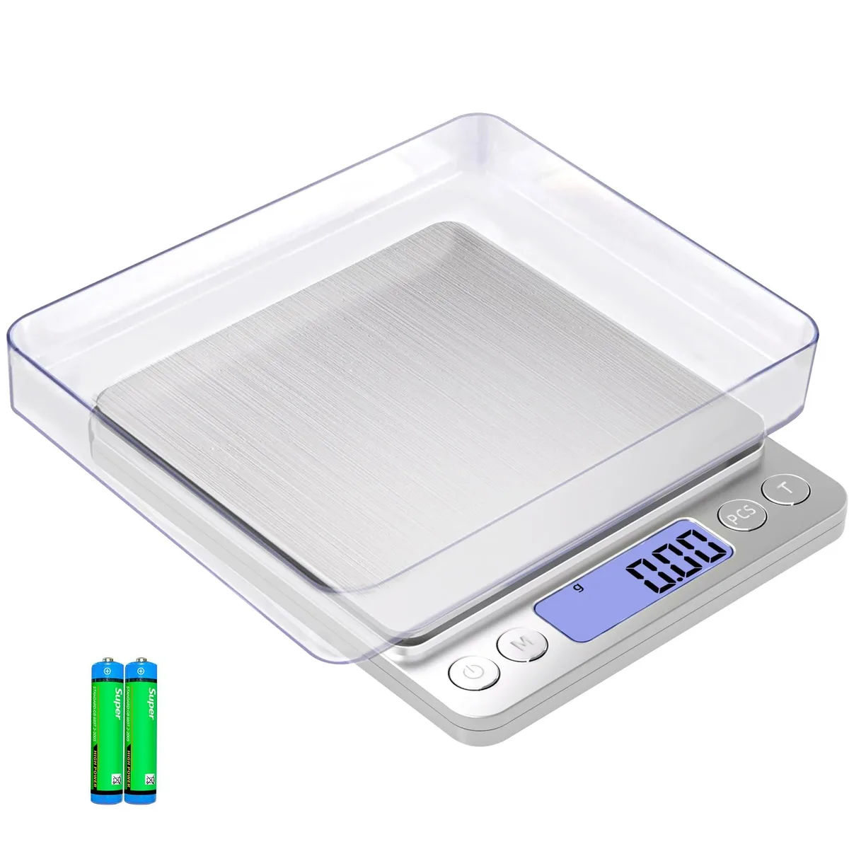 Compact stainless-steel platform scale with LCD display and two protective trays