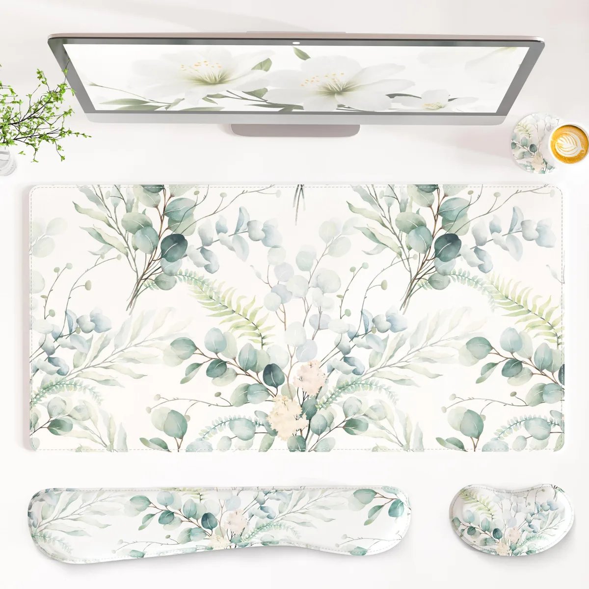  QiyI DP-6326-WRS-1 4-in-1 Leather Desk Mat Set Eucalyptus Leaf — product photo