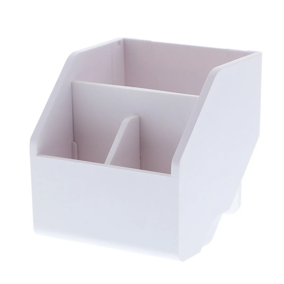 White plastic desk storage bin with hinged lid and removable dividers, 3.4 inches wide