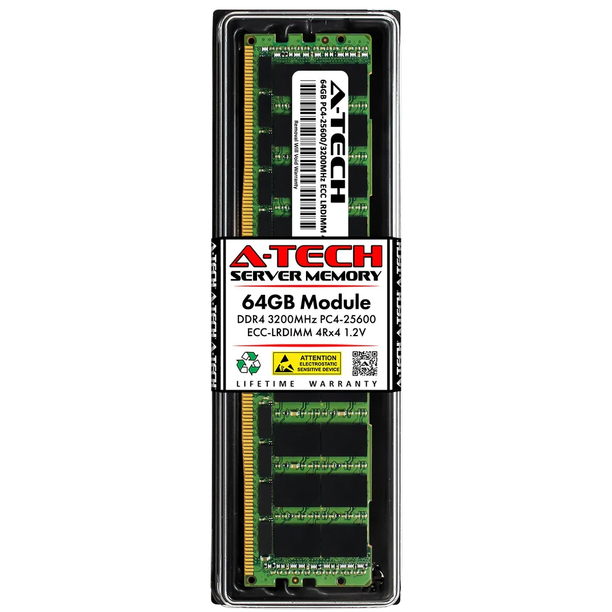 Green rectangular DDR4 server memory module with gold edge connectors and black chips on both sides