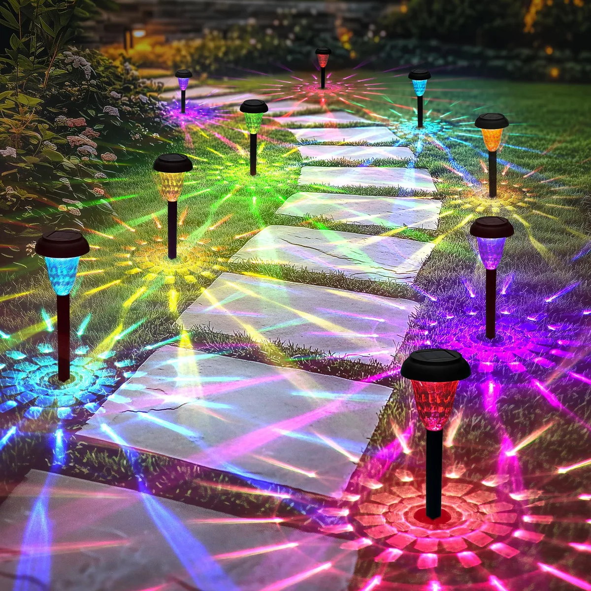 Twelve polished chrome resin solar pathway lights in a pack