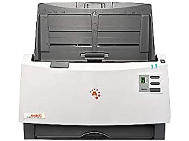 Rectangular flatbed scanner in matte light grey with automatic document feeder on top