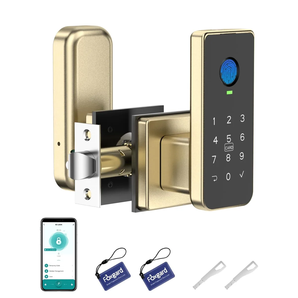 Gold rectangular smart door lock with fingerprint sensor, backlit keypad, key slot and RFID area on a metal body