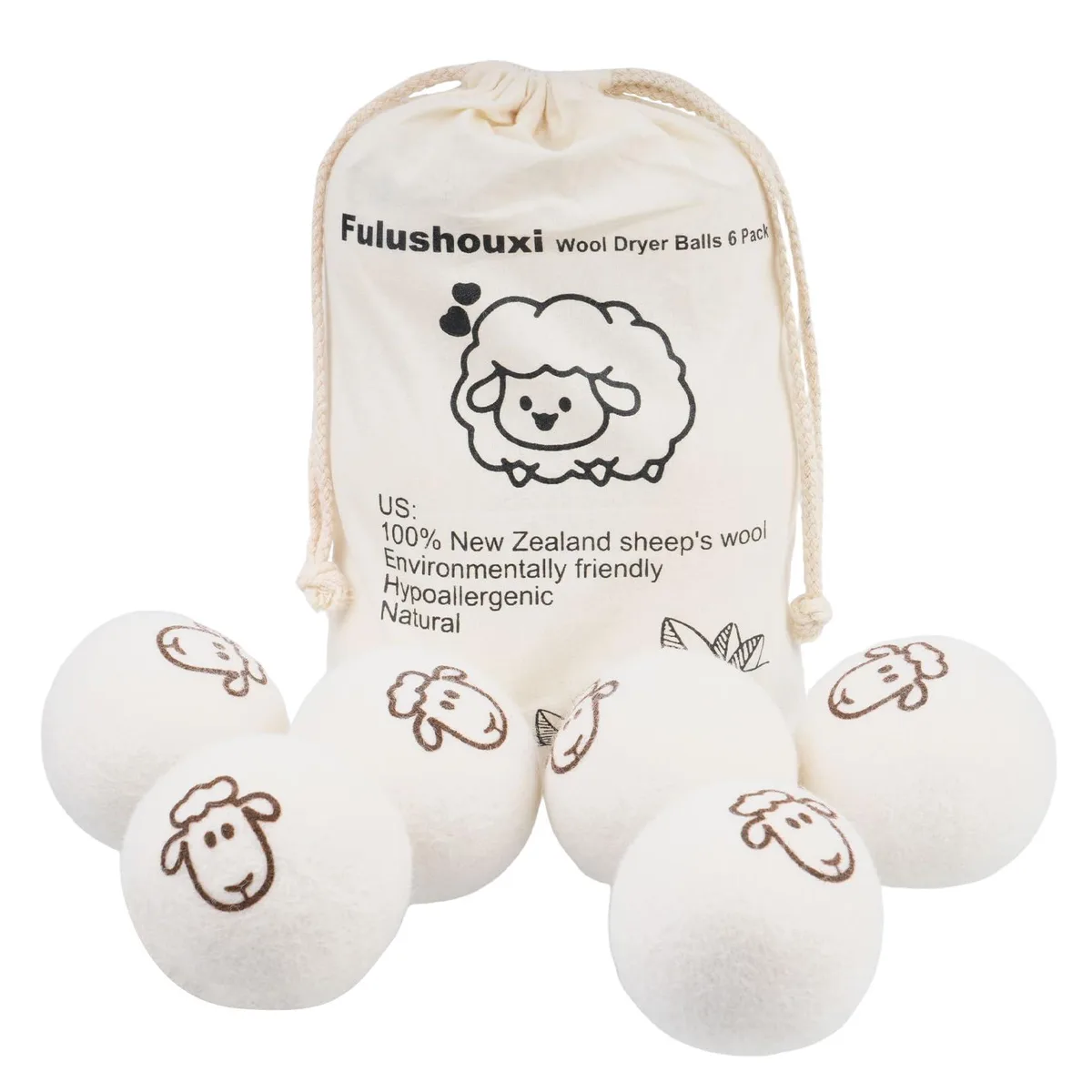Six white wool dryer balls in a fabric storage bag