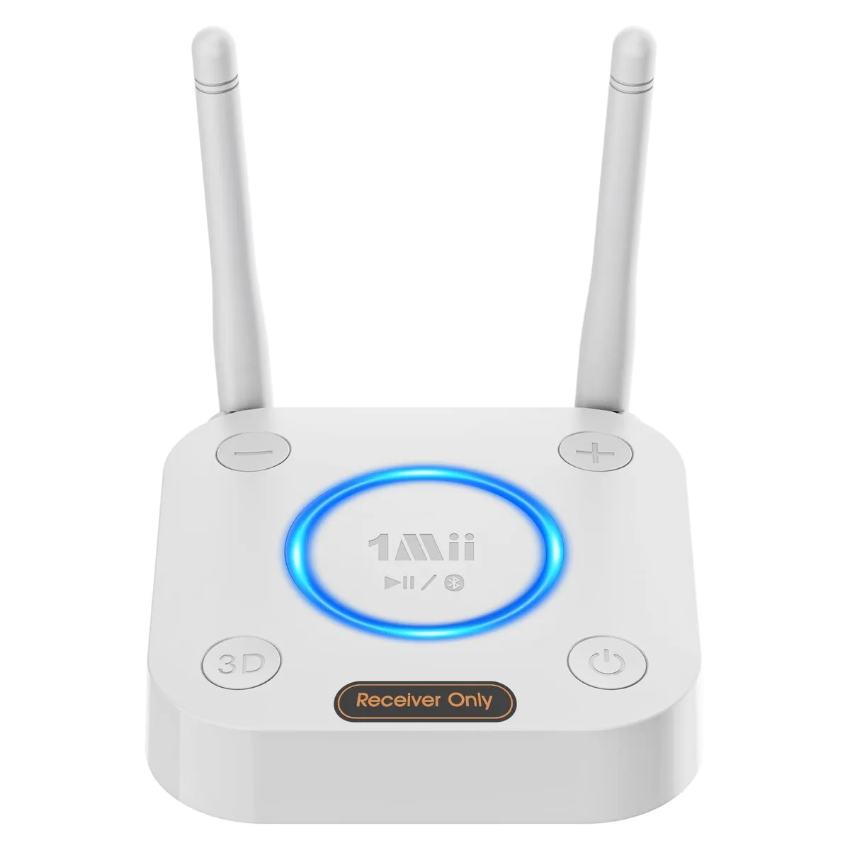 Compact grey Bluetooth 5.3 audio receiver with dual antennas and volume button