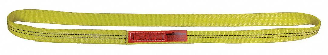 Yellow nylon web sling, 2 inches wide, 6 feet long, flat woven construction