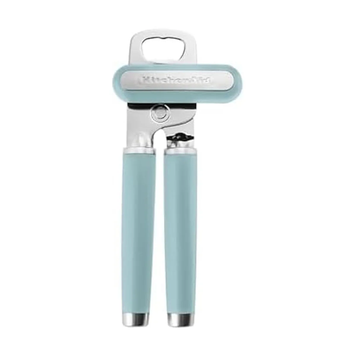 Stainless steel manual can opener with soft ergonomic handles and built-in bottle opener, 8.34 inches long