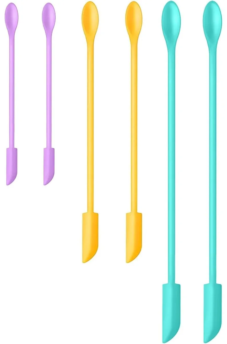 Six silicone spatulas in three sizes, rectangular heads, long narrow handles, smooth matte finish