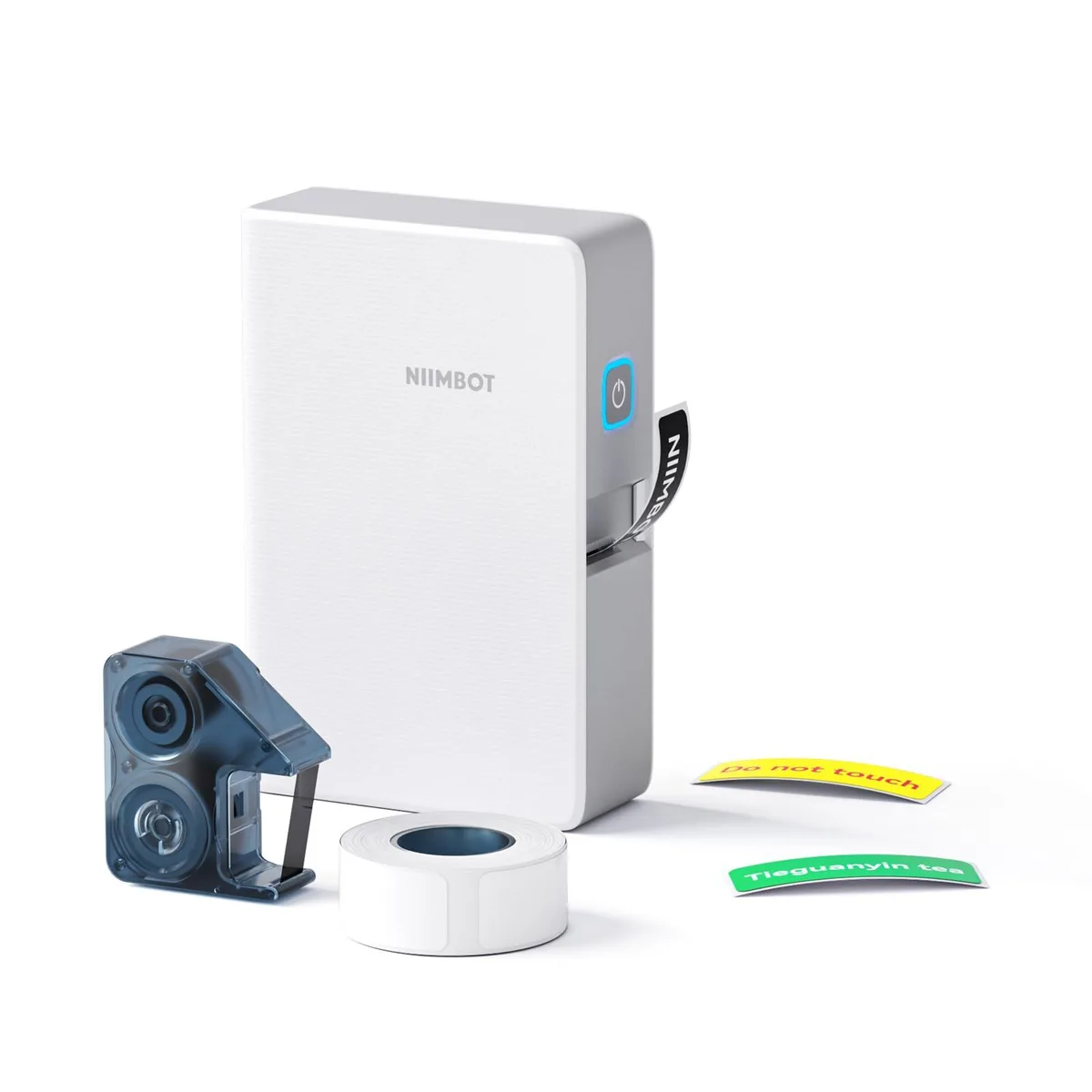 White compact label printer with rounded edges and a smooth matte finish, small enough to hold in one hand