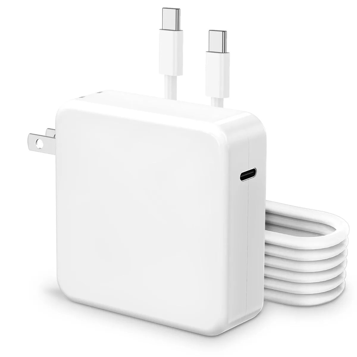 Rectangular black AC adapter with USB-C cable and detachable power cord