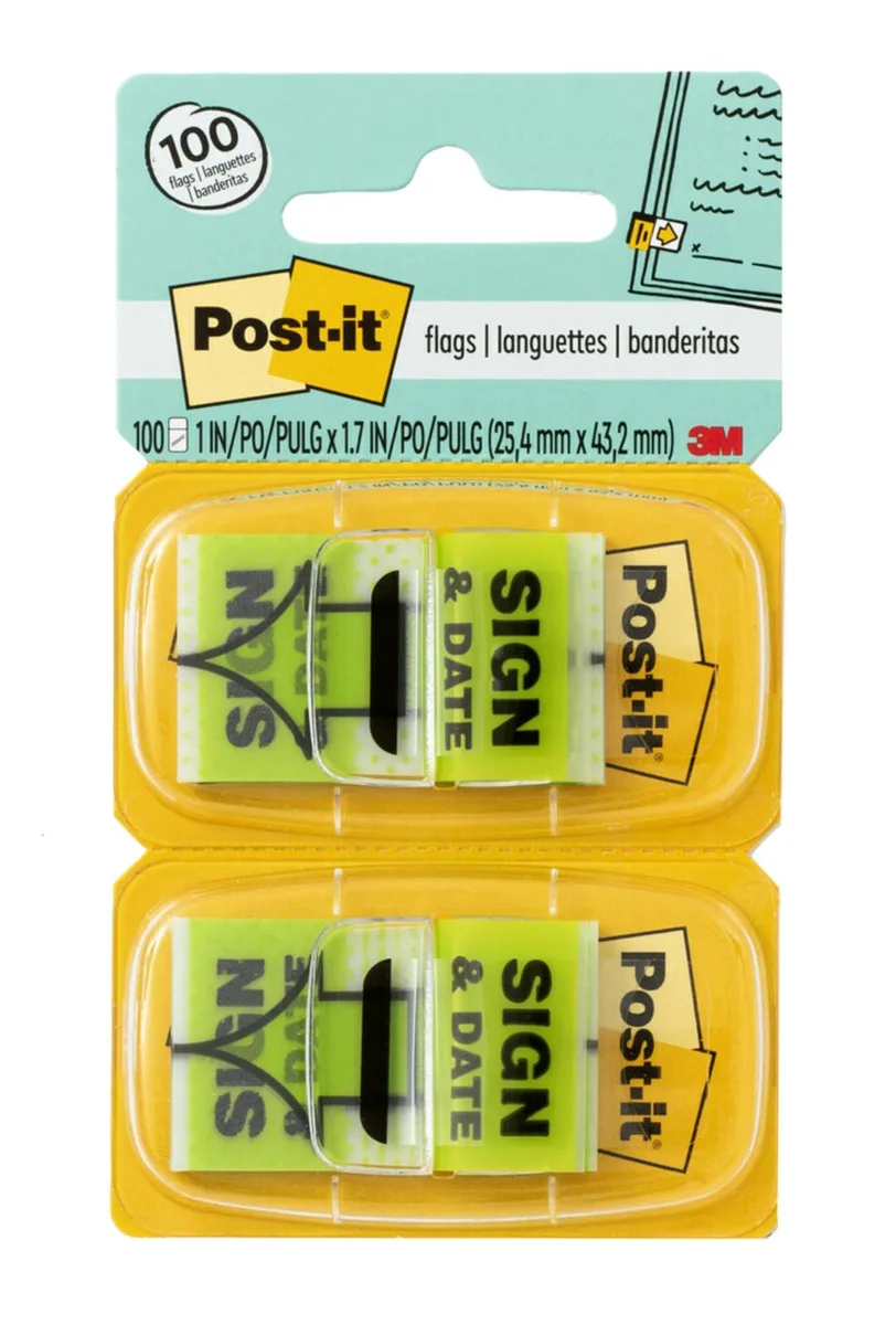 Two small plastic dispensers of bright green Sign and Date flags, 50 flags each