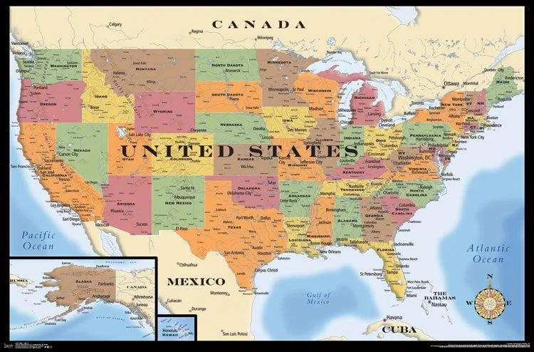 USA map poster print 34 by 22 inches