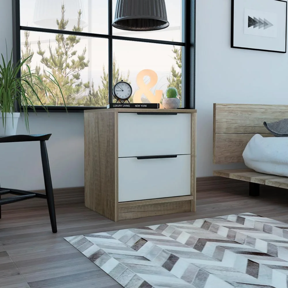 White and light oak nightstand with two drawers and metal handles