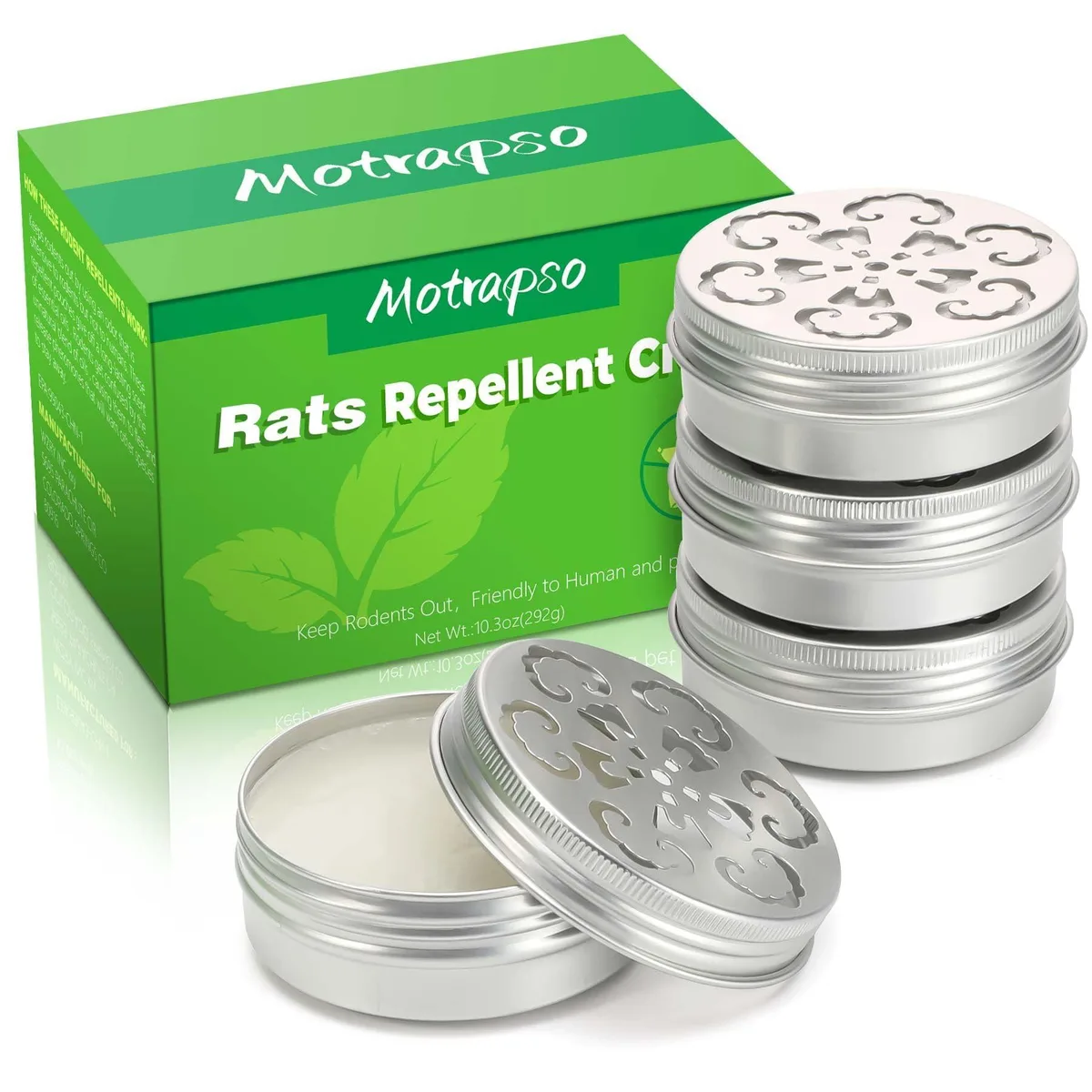 Four small metal tins with white lids and 3M adhesive bases
