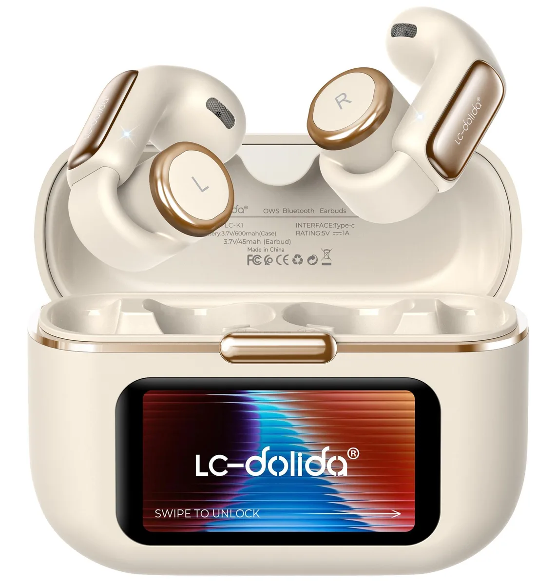  DOLICA Open-Ear Clip-On Earbuds with Smart LED Display Case (Cream) — product photo