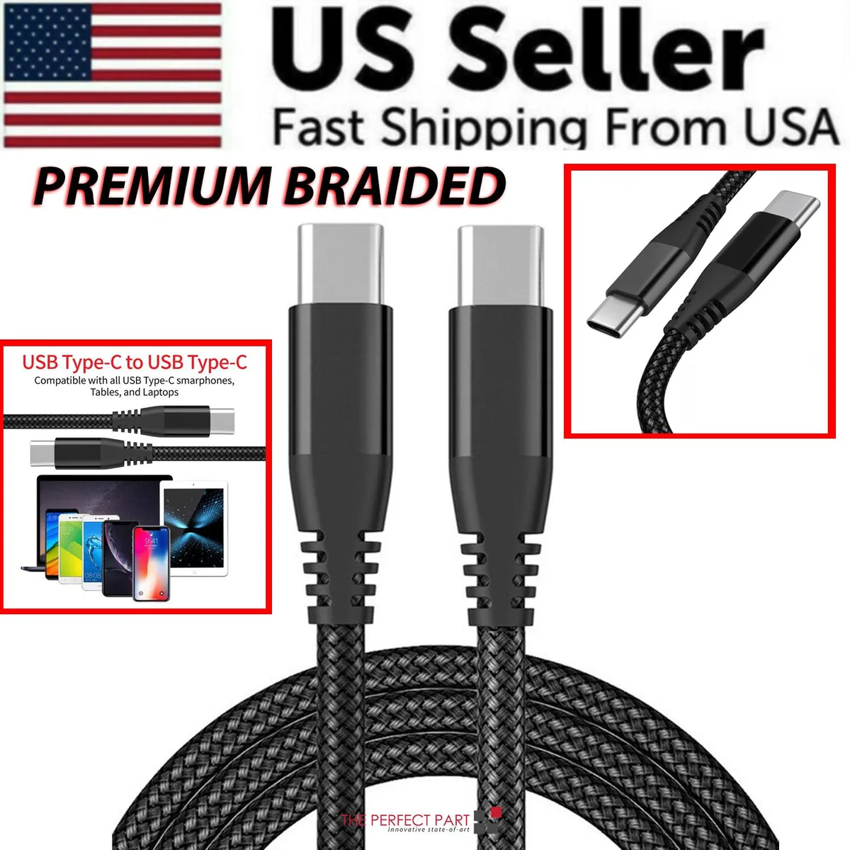 The Perfect Part The Perfect Part USB-C to USB-C Braided Cable 10-Pack 10FT Black — product photo