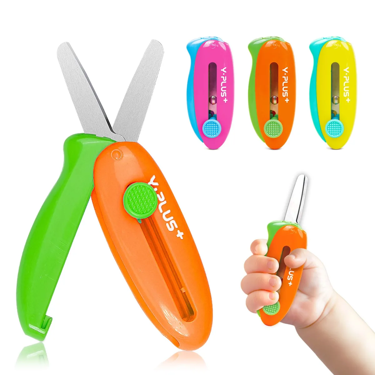 Three small retractable safety scissors in bright colours, blunt tips, plastic handles with stainless steel blades