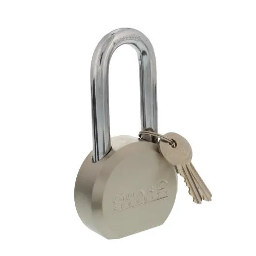 Solid steel padlock with long chrome shackle satin finish