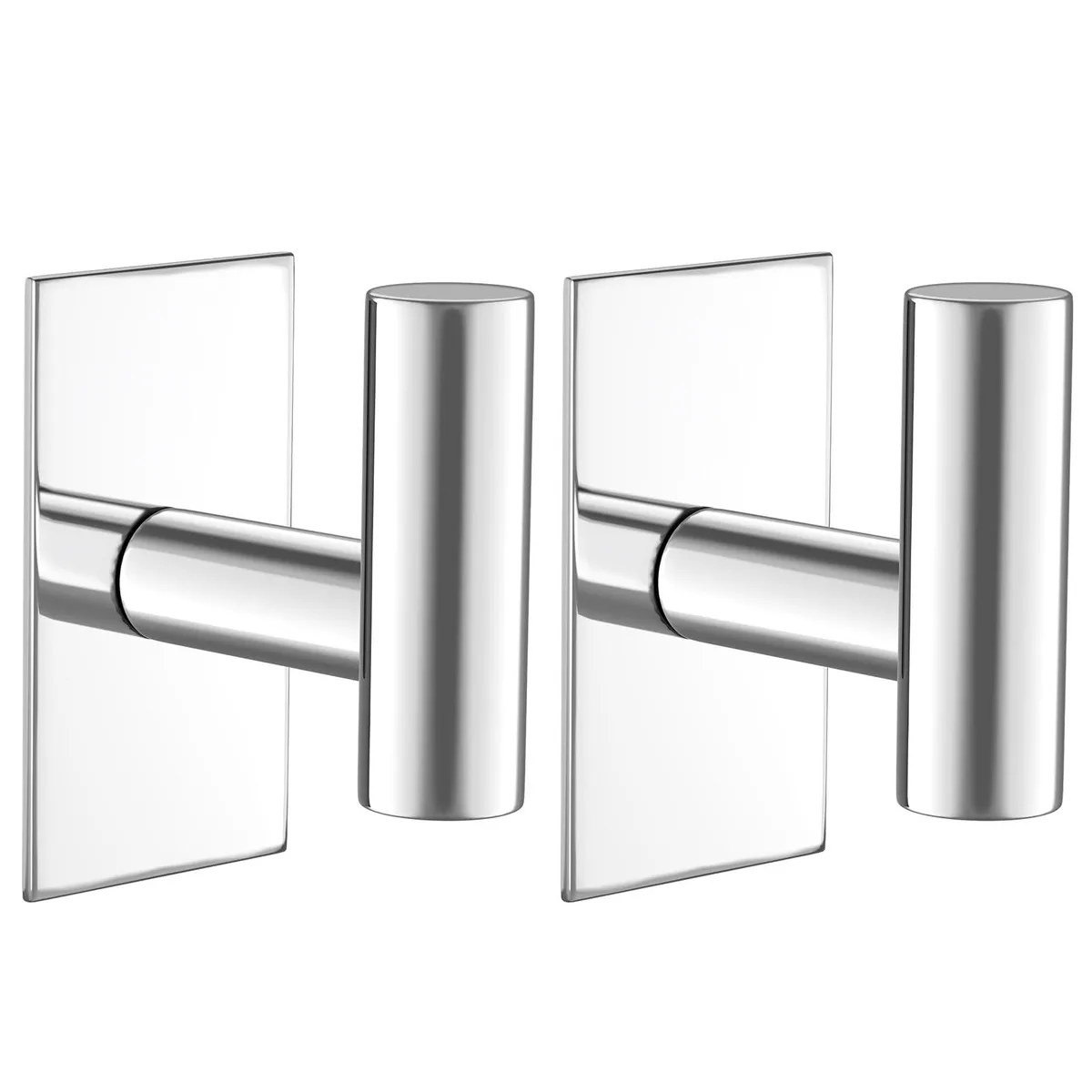 Two chrome stainless steel adhesive hooks with smooth curved form and protective backing film