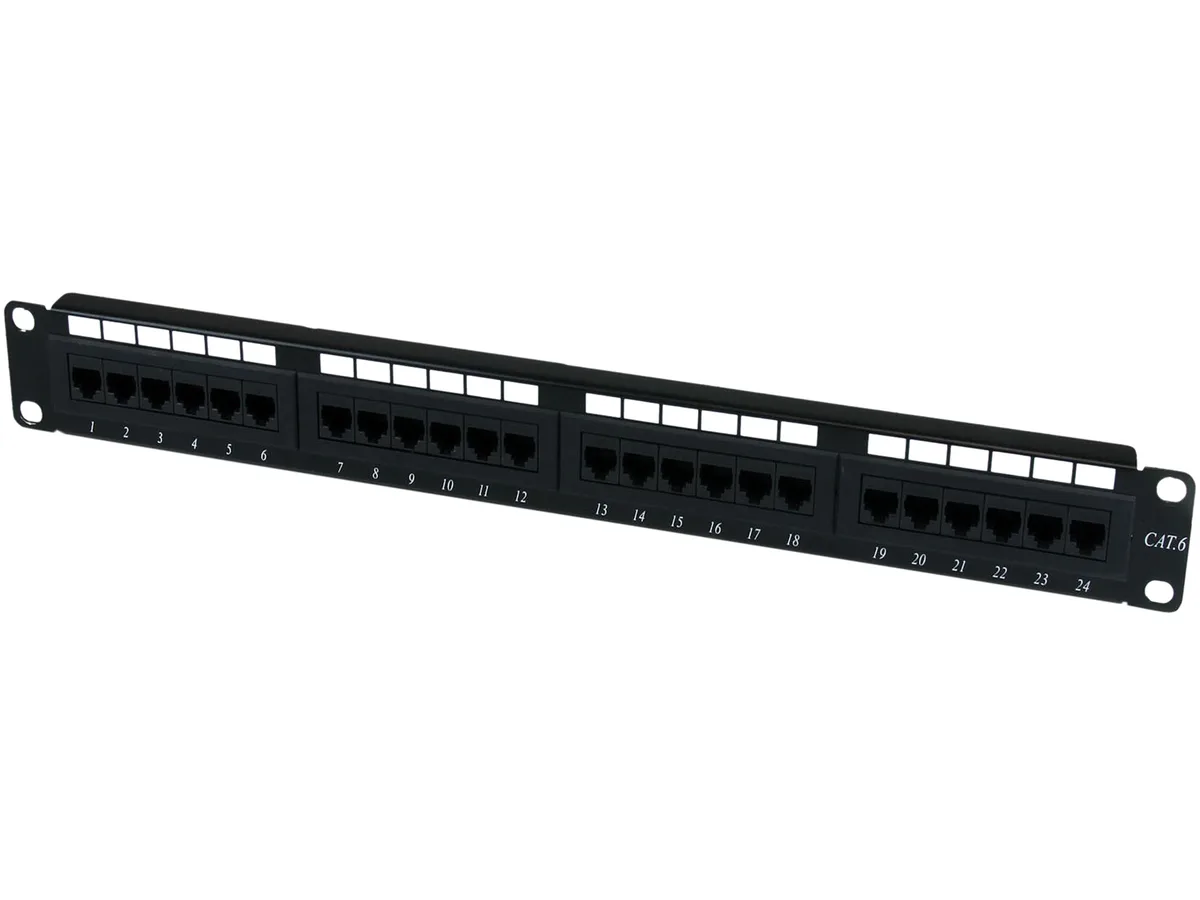 Metal 1U rack panel with 24 numbered ports and color-coded 110 punch-down terminals