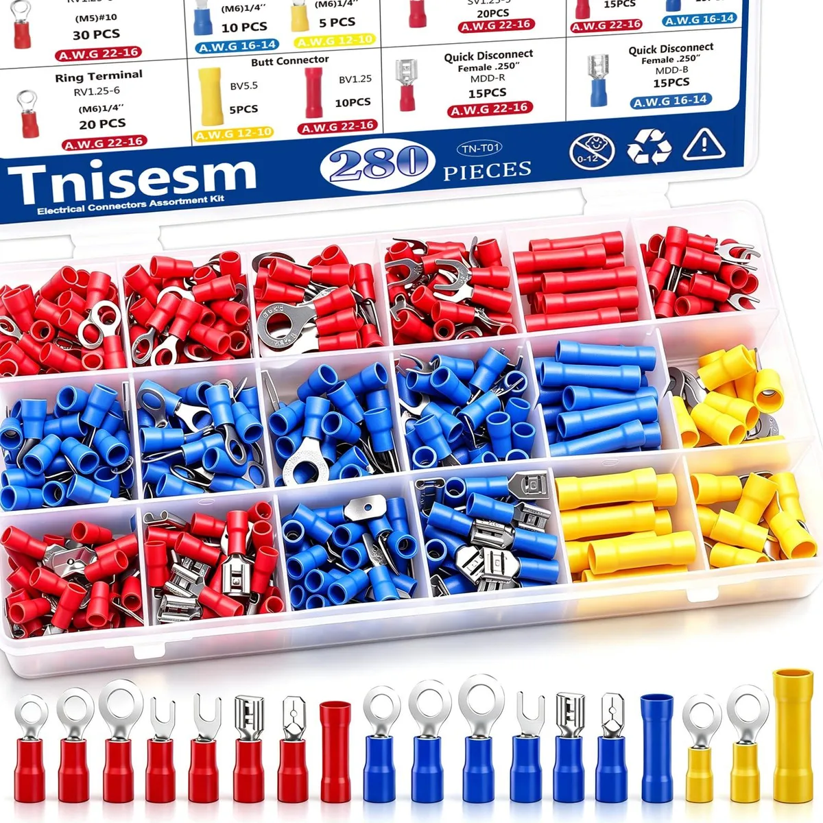 Clear plastic box holding 300 insulated crimp terminals in red blue and yellow