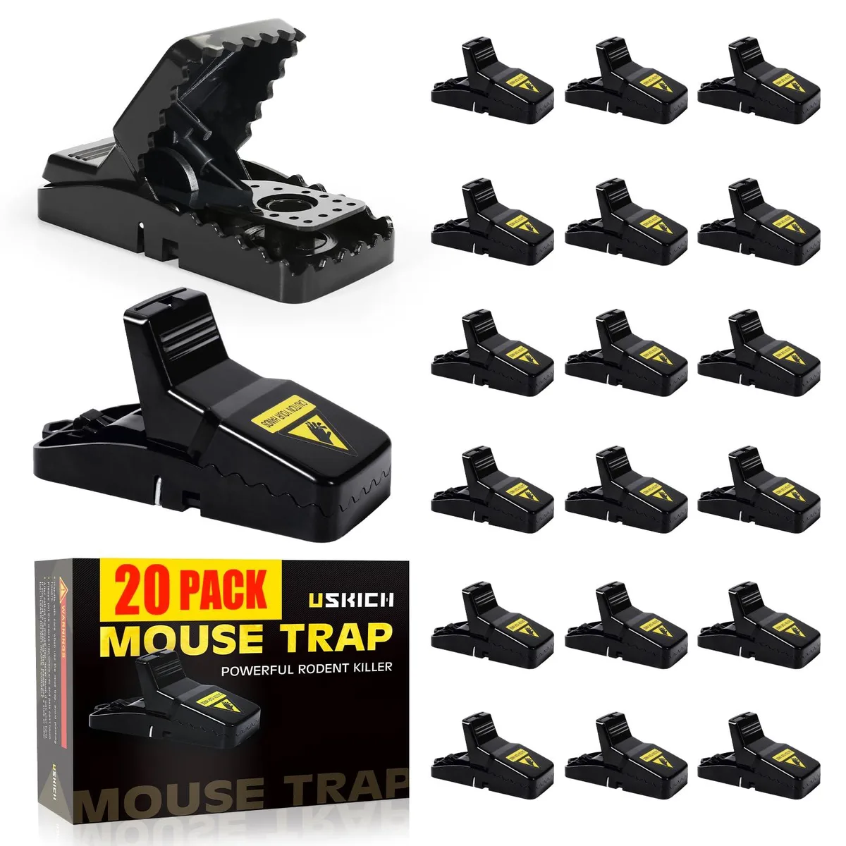 Twenty white plastic snap traps with yellow bait cups and rear nail holes on a light background