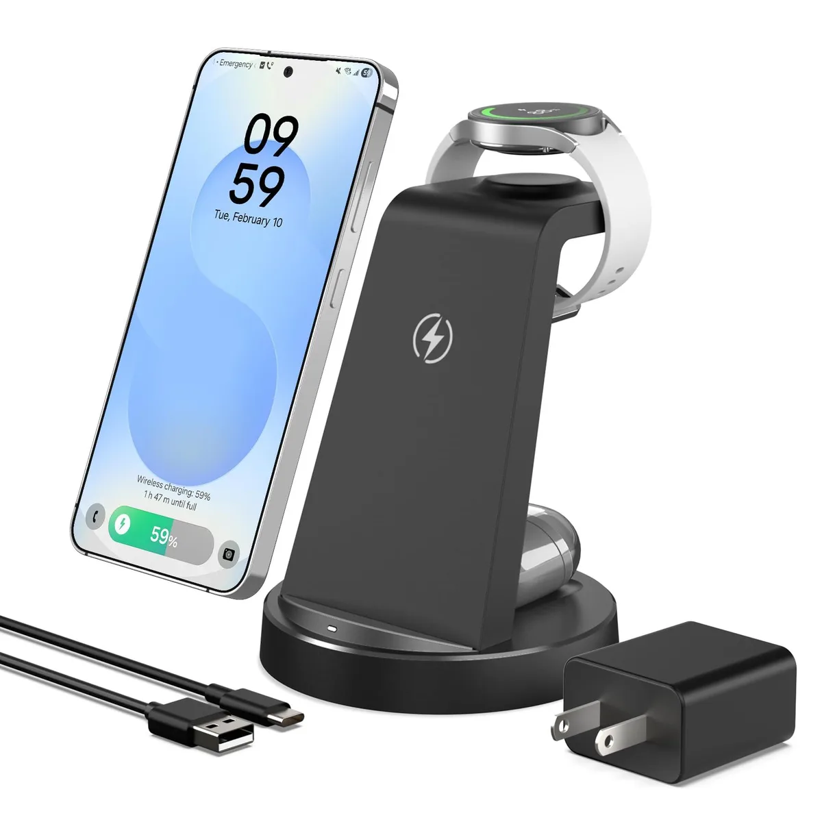 A compact white charging stand with three distinct zones for phone, watch, and earbuds