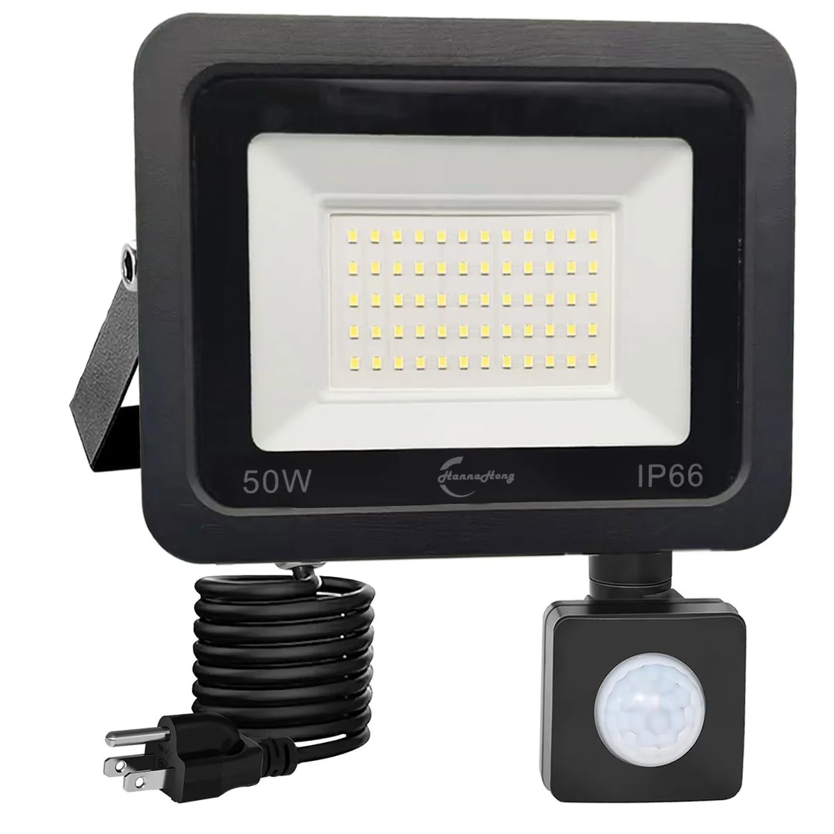 Slim rectangular floodlight, satin aluminium body, tempered glass lens, 1.5 m cable, PIR sensor underneath