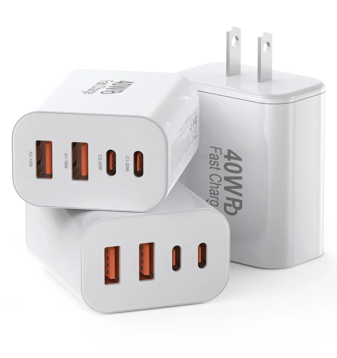 Three white cube USB chargers with dual ports