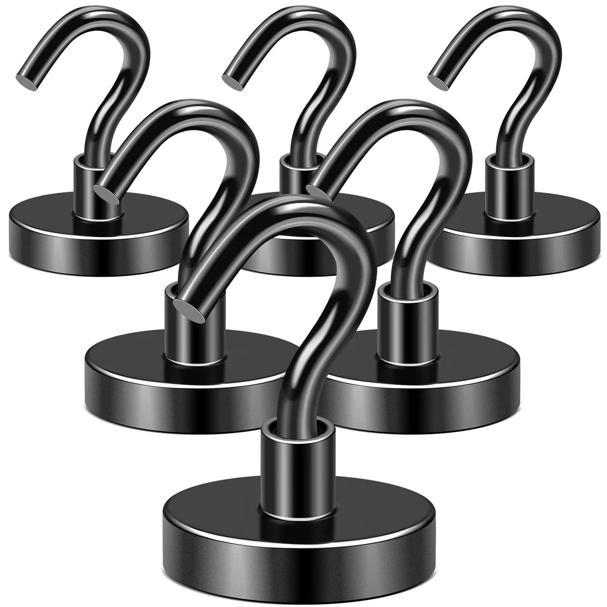 Six black magnetic hooks with steel bases and curved ends