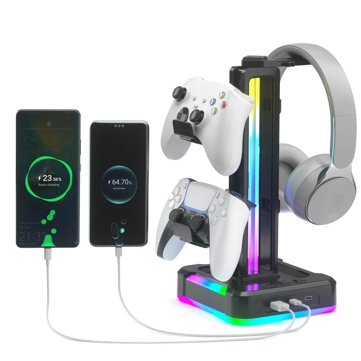  KDD 833 RGB Headphone Controller Stand 2 Type-C 1 USB 9 Modes 360° Swivel 4.92ft Cord — product photo