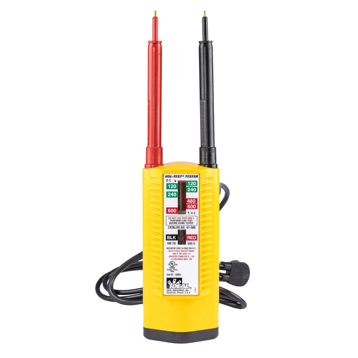Yellow solenoid voltage tester with shielded leads, LED and neon indicators, 7 by 2.38 by 1.5 inches