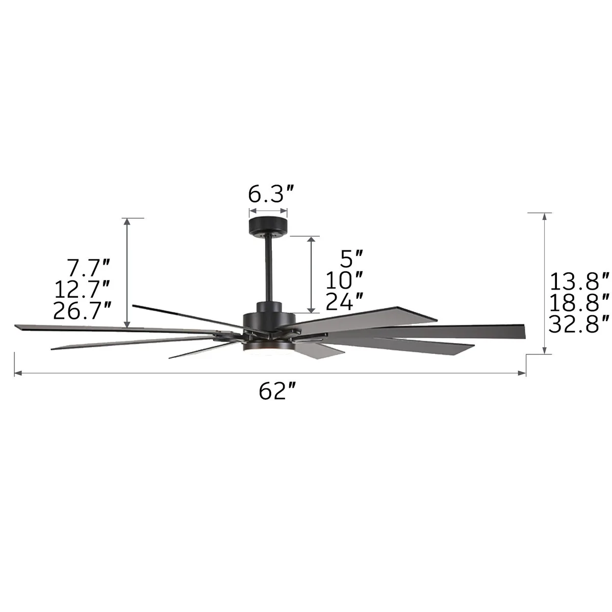 SHREEFINDEE SHREEFINDEE 801 62" Black Ceiling Fan 8-Blade DC Motor 24W LED 6-Speed Remote Timer — product photo