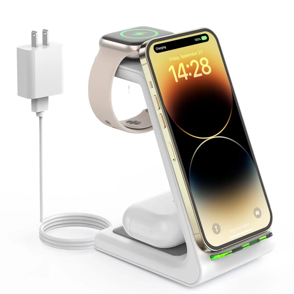 A white three-in-one wireless charging stand with phone cradle, watch puck and earbuds pad