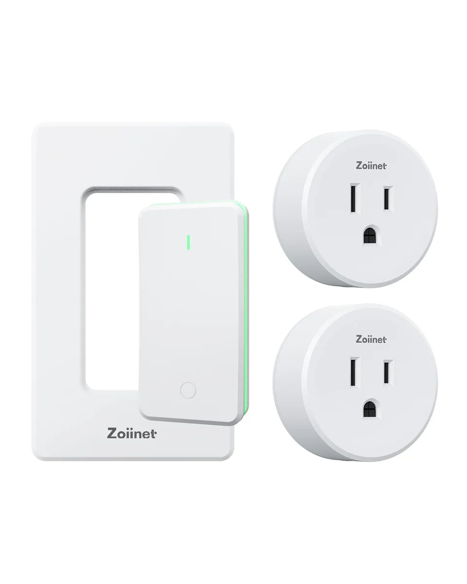 Black rectangular plug-in timer switch with removable wireless remote, two outlets, matte black finish